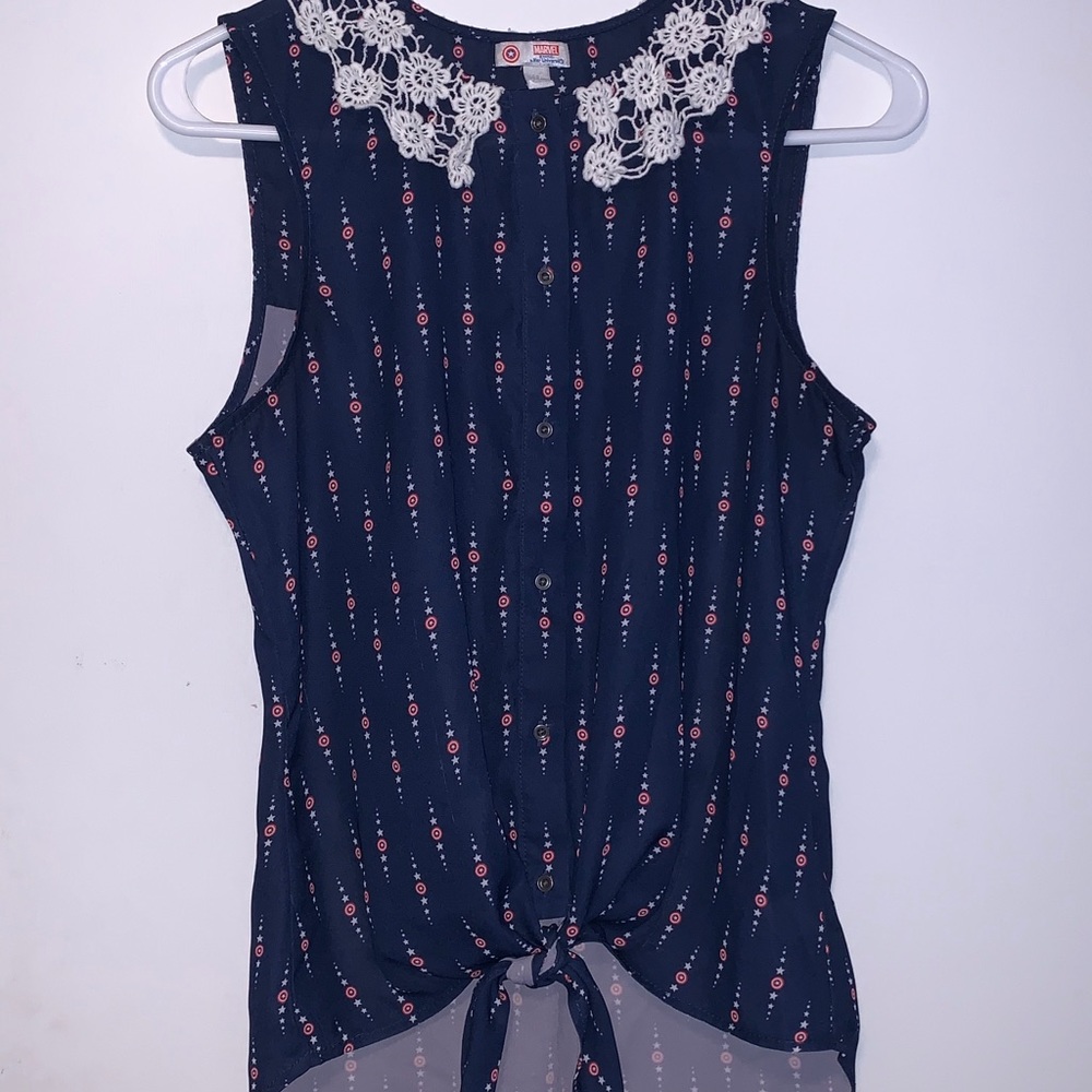 Tie front button up Captain America Shield Tank